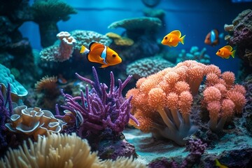 Wall Mural - Tropical sea underwater fishes on coral reef. Aquarium oceanarium wildlife colorful marine panorama landscape nature snorkeling diving