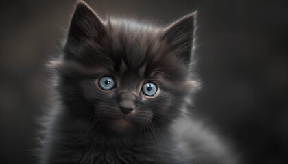 Wall Mural - A black kitten with blue eyes stares into the camera