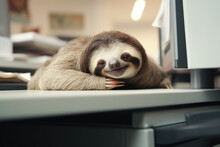 Sloth Like A Lazy Tired Man At The Office Desk, Lacking Motivation Concept. Generative AI