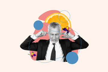 Sticker - Composite collage of stressed workaholic middle age man fingers ears ignore society overworked need rest isolated on white background