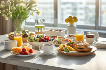 A table full of breakfast foods including fruit, juices, and juices, Generative AI