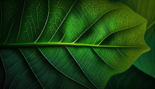 Close-up Of A Large Green Tree Leaf On A Black Background, Generative By AI