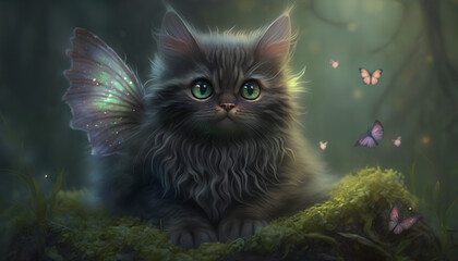 Wall Mural - cute kitten close-up in a fantasy world with fairy wings, Generative by AI