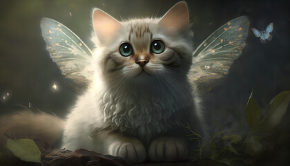 Wall Mural - cute kitten close-up in a fantasy world with fairy wings, Generative by AI