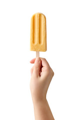 Wall Mural - Woman hand holding yellow fruit popsicle on white background