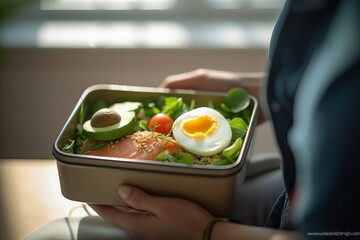 Wall Mural - a woman's hand delicately holding a lunch box filled with a salad composed of smoked salmon, sunny-side eggs, avocado, and steamed spinach, all meticulously arranged. Generative ai