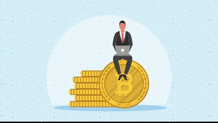 Sticker - businessman using laptop with bitcoins animation