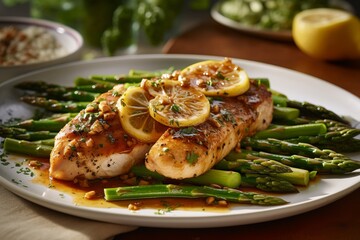 Wall Mural -  the savory lemon garlic chicken alongside bright asparagus, tastefully presented on a clean white plate in a warm. Generative ai