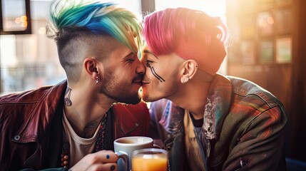 Happy kissing gays couple in cafe, attractive young men lovers with multicolored haircut and tattooed face, LGBT openly gays dating in public cafe, sensitive same gender relationships, generative AI