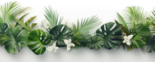 Tropical Plants Border With White Flowers And Leaves. Generative Ai