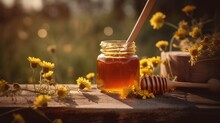 Honey Jar On A Table With A Flowery Background, Generative Ai