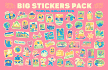 Huge Travel Vector Retro Stickers Pack, Pins, Stamps, Patches. Retro Hand Drawn Illustration Concept. Trendy Cartoon Style Of 30s. Famous Monuments, Landmarks And Sightseeings.