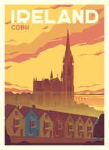 Vector Premium Travel Poster. Beautiful View Of St Colman's Cathedral. Dramatic Lighting. City Of Cobh, Ireland.