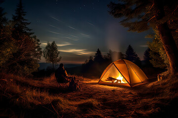 bonfires and tents in the suburbs at night. ai technology generated image