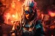 © CROCOTHERY - a female cyborg character portrait with sunglasses and a city on fire in the background, fictional person created with generative ai