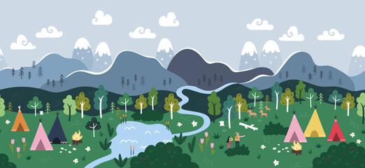 Wall Mural - Cute hand drawn map with mountains, tents, trees, hills. Simple illustrated landscape, adventure - great for banners, wallpapers, cards. 