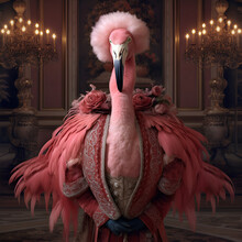 Realistic Lifelike Flamingo Bird In Renaissance Regal Medieval Noble Royal Outfits, Commercial, Editorial Advertisement, Surreal Surrealism. 18th-century Historical. 