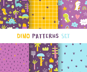 Wall Mural - cute jurassic pattern set with dino. seamless vector colorful print collection with abstract dinosau