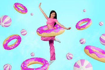 Sticker - 3d creative pop template collage of happy lady dream swimming with rubber circle on holiday pool resort