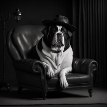 St. Bernard With A Hat On His Head And Sitting On A Couch. Image Generated With Artificial Intelligence.