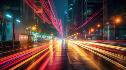 Wall Mural - Vehicle lights on the streets of a city at night. Long exposure shot. Generative AI