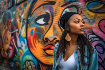 A young woman posing in front of a colorful and artistic graffiti mural, wearing a fashionable outfit, with a sense of confidence and style. Concept of creativity and self-expression. Generative AI