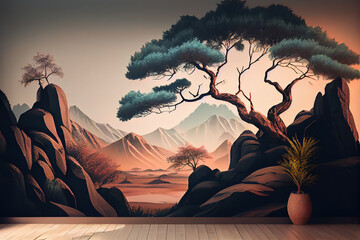 Wall Mural - Golden trees with flowers and turquoise, black golden and green mountains. Generative Ai
