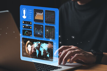Wall Mural - young entrepreneur using big data analysis and cloud technology to collect customer data and display