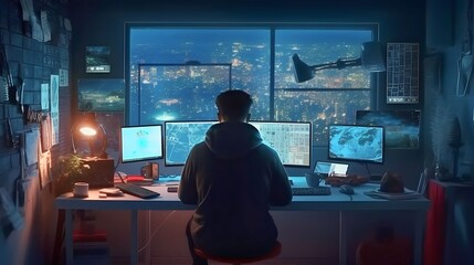 Young hacker attacking from home. Virtual surroundings, Generative AI