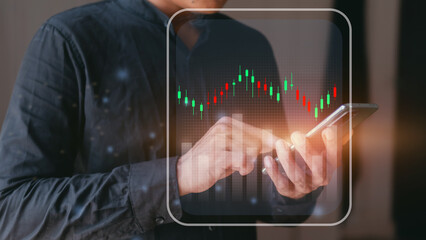 Wall Mural - businessman touching chart on smartphone screen. investment stock market concept, stock investor