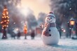 Cheerful snowman dressed in festive attire, complete with a carrot nose and a jolly smile, embodying the spirit of Christmas in a snowy wonderland. Generative AI.
