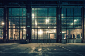 Wall Mural - exterior of big old warehouse with windows at night, ai generative