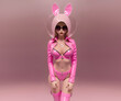 Sexy sex shop doll girl in pretty pink underwear on neon background copy paste created by Generative AI