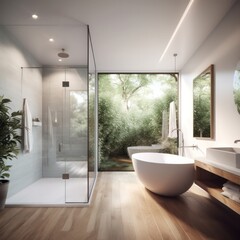 Sophisticated 3D Rendered Designer Bathroom with a Luxurious Freestanding Tub and Eye-Catching LED Illumination..