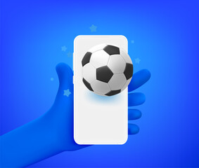 Leinwandbilder - Comic hand with smartphone and soccer ball icon. 3d vector illustration