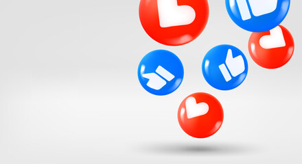 Poster - Thumb up and hearts reactions concept. 3d vector banner with copy space