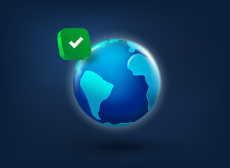 Aufkleber - The Earth with checkmark icon. 3d vector illustration
