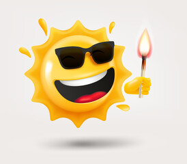 Poster - Happy sun emoji with flaming match in a hand. 3d vector isolated on white background