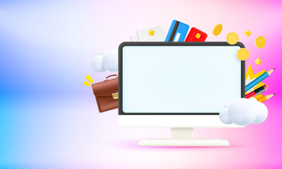 Poster - Computer monitor with business elements and blank screen. 3d vector banner with copy space

