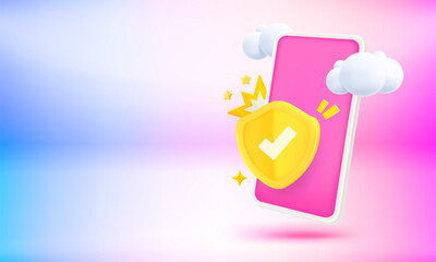 Poster - Modern smartphone with shield and blank screen. 3d vector banner with copy space