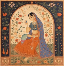 An Indian Folk Style Mural Illustration Of A Woman In Saree With Flowers. Generative Ai.