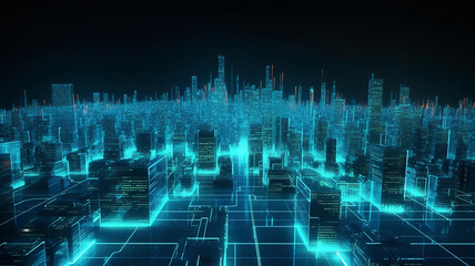 Wall Mural - Futuristic digital city, matrix megapolis. Data transfer technology. Cyberpunk, Abstract technological background, bright neon lights