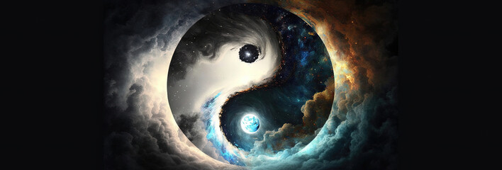Wall Mural - yin yang symbol with yin yang, creation of cosmos, duality in the universe, life is birthing. Concept. Illustration. Generative Ai.