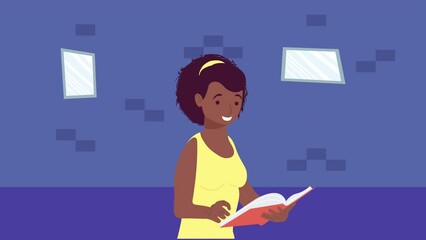 Wall Mural - afro woman reading text book animation