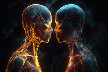 Two spiritual human bodies on dark background. Souls connection. Created with Generative AI