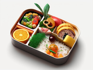 3D image of Japanese bento with interesting decoration isolated on white background. Bento is prepared with various types of food that can provide complete nutrition.