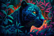 Portrait of a black panther with floral shaped shadows on his fur hiding in the jungle, contrasting neon colors, woodcarving style