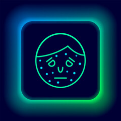 Sticker - Glowing neon line Face with psoriasis or eczema icon isolated on black background. Concept of human skin response to allergen or chronic body problem. Colorful outline concept. Vector