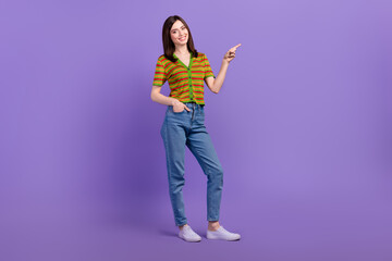 Poster - Full length photo of positive lady wear trendy outfit two arm direct empty space boutique collection isolated on purple color background