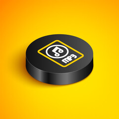 Sticker - Isometric line MP3 file document. Download mp3 button icon isolated on yellow background. Mp3 music format sign. MP3 file symbol. Black circle button. Vector